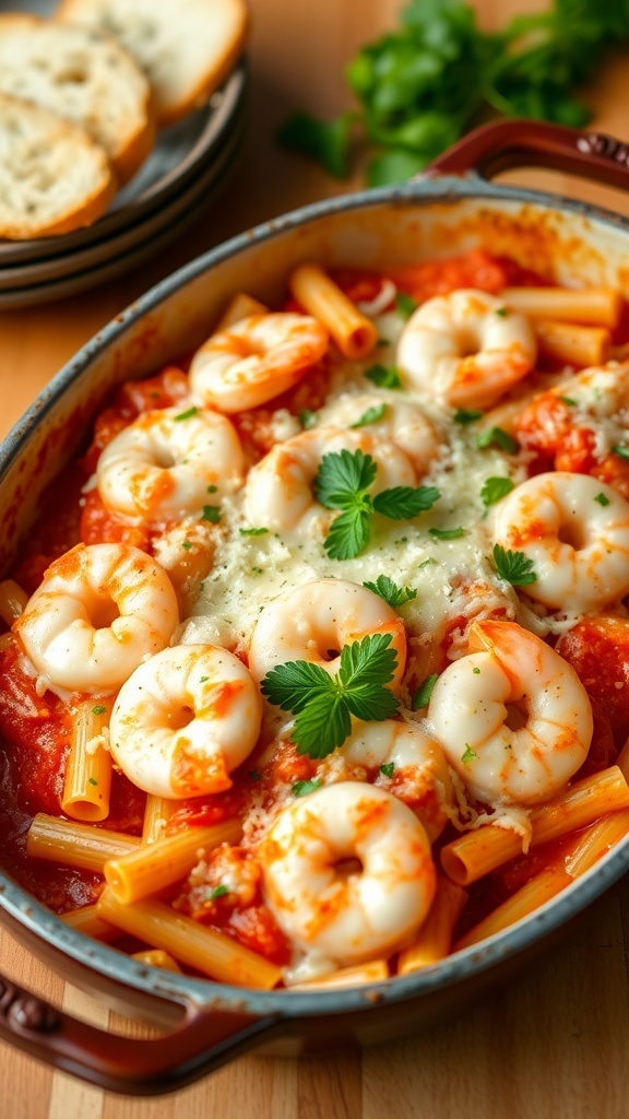 Baked ziti with shrimp, cheese, and marinara sauce in a baking dish, garnished with parsley, served with garlic bread.